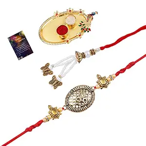 Classic Bhaiya Rakhi "OM" Designer Bhabhi Rakhi With Roli Chawal And Greeting Card 1 Kankawati Pooja Thali -765