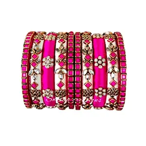 Blue jays hub Silk Thread Bangles New kundan Style pink and white Color Set of 10 for Women/Girls (pink and white, 2.6)