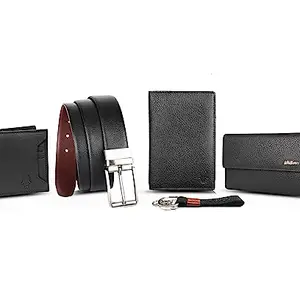 WildHorn Leather Executive Gift Set | Combo Of Men's Wallet, Ladies Wallet,Passport Holder, Men's Belt & Keyring |5 In1Mega Combo| Best Gifting Options, Black