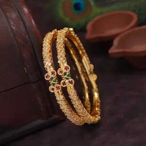 Brass American Diamond Micro Gold Plated Bangle Set of 2 | Elegant Traditional Bangles for Women & Girls (B-5066) (2.4)