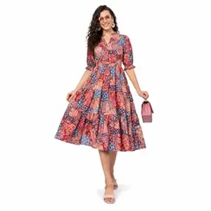 PIDAVLIYA'S Women Cotton Printed Midi Dress with V Neck & Puff Sleeves | Flared A-Line Casual Summer Dress | Stylish Knee Length One Piece for Daily