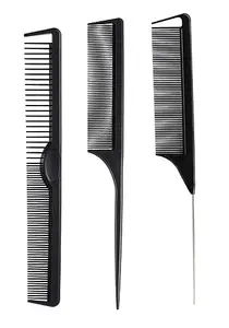 3 Pieces Tail Combs Set Carbon Styling Comb Fiber Rat Tail Comb Anti Static Heat Resistant Barber Hairdressing Comb Steel Pintail Comb Cutting Fine Tooth Comb Teasing Hair Comb for Women Men, Black