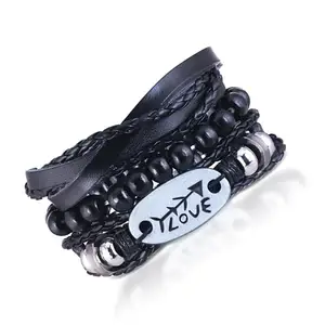 MEENAZ Bracelet for Men Black Leather Bracelet for boys Magnetic-Clasp Leather Mens Beads Bracelet Evil eye Bracelets for Men Stylish Combo Silver Stainless Steel Birthday Gift Anniversary Husband 713