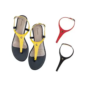 Cameleo -changes with You! Women's Plural T-Strap Slingback Flat Sandals | 3-in-1 Interchangeable Leather Strap Set | Yellow-Red-Black
