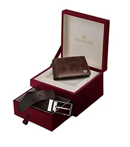 WildHorn Men's Classic Leather Wallet and Belt Combo (Brown)