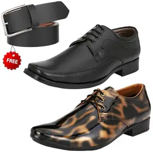 Relaxed Trendy Formal Shoes/Party Shoes/ 2 Shoes Combo with Free Belt for Men and Boys (BAZAAR9392_VTR01-Blk-Gld002-Bdr-Blk-1-Blk) Multicolor
