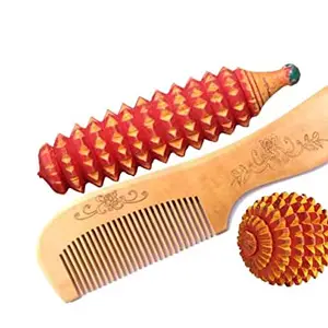 AB CRAFT set of 3 Wood Combo (LONG) | Women & Men | Natural & Eco Friendly | Wide Tooth Combo, Anti-Bacterial Styling Comb for All Hair Types Wooden Karela massager (5 In) Ball massager (2x2 In)
