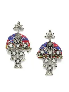 Moedbuille Mirrors Studded Handcrafted Handwoven Design Oxidised Silver Plated Brass Chandbalis for Women and Girls, Multi-Colour, Regular (MBER02862)
