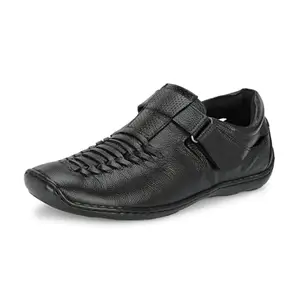 HITZ Men's Black Leather Shoe Style Sandals with Slip On Closure - 10
