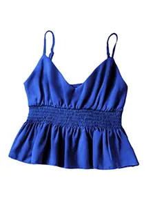 Istyle Can Women's & Girls' Royal Blue Solid V Neck Sleeveless Crop Spaghetti Strap Top (Small, Royal Blue)