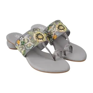 Touch Heel Ladies Kolhapuri Heels - Latest Embroidered Slip On Women Sandals - Perfect for Casual and Festive Occasions (Grey,3UK)