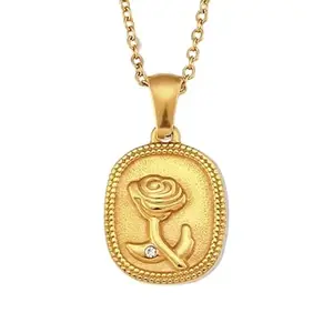 KRYSTALZ Valentines Fashion Necklace Engraved Rose Flower Gold Pendant Chain for women