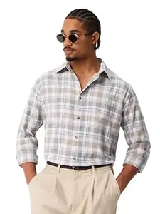 The Souled Store Plaid Shirt: Butternut Men and Boys Long Sleeve Spread Collar White and Beige Plaid Cotton Blend Lightweight Easy to Style Everyday Office Wear Casual Relaxed Shirt