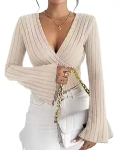 SILES FASHION Women’s Apricot Drawstring Bell Sleeve Top – Polyester for Casual Wear_29