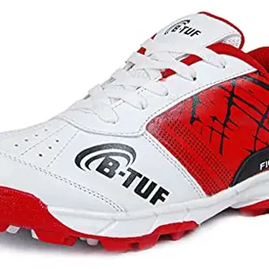 B-TUF Fighter Cricket Shoes/Studs Spikes Sports for Men Women Boys Girls Unisex (White/RED) Size India/UK 5