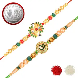 De Marquis 2 Designer Rakhi + 1 Pooja Coin Gift Set for Brother, Mauli Thread Rakhis, Chawal Roli Pack, Greeting Card Set (2 Multicolor RAKHI set in different design with Roli and chawal)