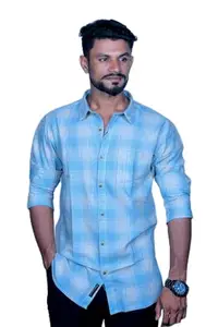 Cotton Blend Plaid Shirt, Light Blue, Regular Fit, Long Sleeve, Casual Button-Down, L Size
