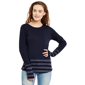 HYPERNATION Blue Stripe Round Neck Thumb Insert Cotton Blend T-Shirt for Women(HYPW01357)