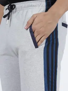 Men's Cotton Track Pants, Grey with Navy Stripes, Drawstring Waist with Pockets (in, Alpha, S, Grey)