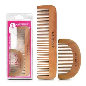 Majestique Hair Grooming Comb Set | 100% Eco Friendly Handmade Wooden Hair Comb | Anti Static Wide Tooth Comb | For Detangling, Beard styling, Long Hair - Pack of 2
