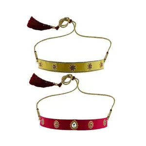 MAYA FASHION Multi Colour Kundun Stud Velvet Kanthi Rajasthani Kanthi Necklace for Girls & Women | Handmade Rajputi Jewelry | Brass Finish | Handcrafted Kanthi (Sku-nec6011)