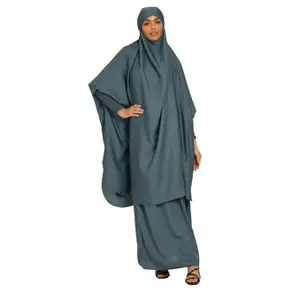 2-Piece Knee-Length Jilbab Set - Khimar Style Abaya and Skirt with Chunnat Slevees/Dolman Sleeves Grey Color| Tie Back Burkha Jilbab Khimar Style Abaya