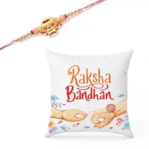 Ethnic Darzi Rakhi Combo Gift Set - 1 Designer Rakhi - Gift for Brother | Rakhi with Printed Cushion, RKCUS-182