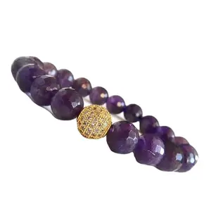 RRJEWELZ Natural Purple Amethyst 10mm round Shape Faceted Cut Beads 8 Inch Stretchable Bracelet for Men & Women.|STBR_RR_07908_8.0
