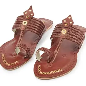KORAKARI Women Wedding Special Kolhapuri Chappal Vintage Red Brown Color Handcrafted Five Braided Leather Smooth and Comfortable Stylish Sandal Anti Slip Design Durable Slippers (UK-07)