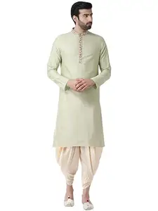 KISAH Men's Kurta Dhoti Set, Green Cotton Blend, Embroidered Mandarin Collar Regular Fit Long Sleeves (44)