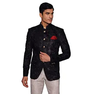 WINTAGE Men's Embroidered Velvet Party/Festive Indian Jodhpuri Grandad Bandhgala Blazer : Black,Large