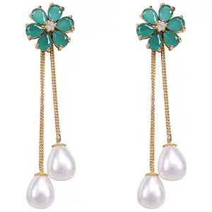 Ratnavali Jewels Fashion Jewellery Green Gold Plated brass Sparkling Pearl Dangle and Drop Earrings Tops for Women - RV2966G-6