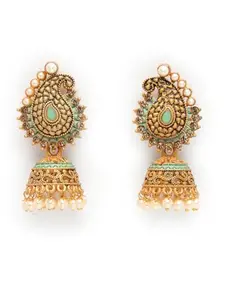 ADIVA Antique Gold-Plated Hand-Painted Peral & Stone Studded Paisley Shaped Jhumka Earrings