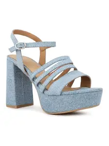 Inc.5 Women Blue Party Wear Striped Round Toe Platform Heel Sandals