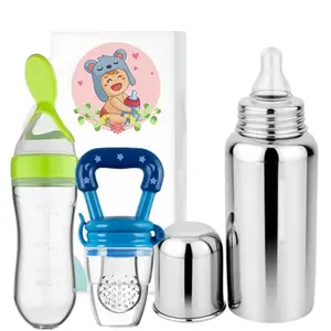 KINDAR CARE Silicone Baby Spoon Feeder Feeding Bottle (90ml, Ideal for 4 Months+ Babies) | Stainless Steel Milk Bottle (250 ML) & Food/Fruit Feeder/Nibbler (Set of 3 Items),KINCARE01