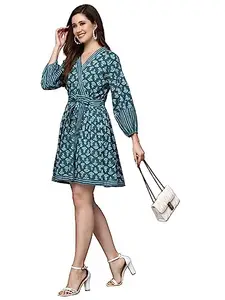 Stylum Women's Floral Printed Cotton Flared Dress (DRSWANDA36_Teal Blue, S)