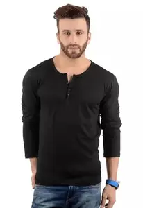 OOKSIN Henley Neck Full Sleeve T-Shirt for Men (XXL, Black)