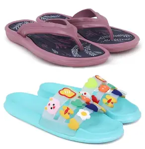 Pampy Angel Combo Pack of 2 Slipper/Flip Flops/Slides/Clogs/Sandals for Women,(V-Sflower-Peach,MixVeg-Blue),39 (Euro)