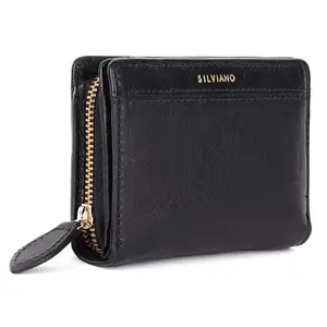 Silviano Hackney Women’s Compact Bifold Wallet – Full-Grain Black Leather, Zip Coin Pocket, Card Slots, Snap Closure, Slim Design, Elegant Gold Hardware, Premium Gift Box – Luxury Ladies Wallet