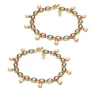OOMPH Jewellery Pair of Red & Green Meenakari Kundan Payal Anklets For Women & Girls Stylish Latest (AVM3_AOR1)