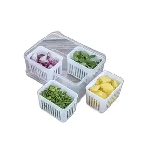 Fridge Storage Organizer Box Set for Vegetable | Drain Cup 4 in 1 Grid Removable Fridge Storage Boxes for Chopped Vegetables |Design - 557 Refrigerator Organizers