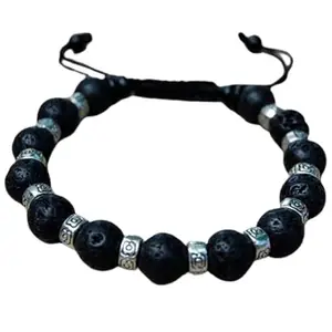 RRJEWELZ Natural Volcanic Lava Round Shape 10mm Smooth Beads Black Color Threaded Adjustable Bracelet For Men & Women. |TDBR_1872