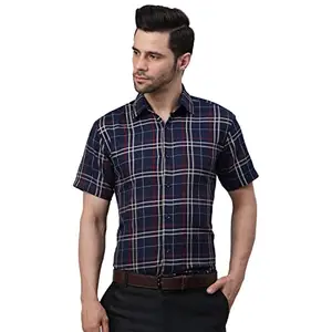 JAINISH Men Brown Half Sleeve Checked Formal Shirt(Navy, S)
