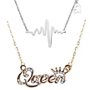 Om Jewells Valentine Crystal Jewellery Stylish Love Heart Beat and Gold Plated Queen Pendant for Women (CO1000295), Combo of 2