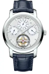 Publiq Watch Silver Analogue | Mechanical Craftsmanship | Open-Work Tourbillon | Sub-Dials: Day, Date, Month, Leap Year | Polished Casing | Blue Leather Strap | Luxury Timepiece for Men