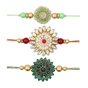 Jewelgenics Set of 3 Traditional Kundan Rakhi with Green Stones for Brother Roli & Chawal Rakshabandhan for Men