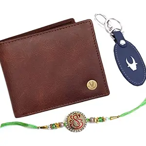 WildHorn Rakhi Gift Hamper for Brother - Classic Men's Combo/Gift Set of Leather Wallet, Keyring and Rakhi for Brother (Brown Crackle)