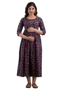 The Style Syndicate Pure Cotton Anarkali Comfortable Maternity Feeding Kurta Dress with Zippers for Pregnant Womens | All Over Printed Feeding Dress for Mothers Royal Blue (XL)