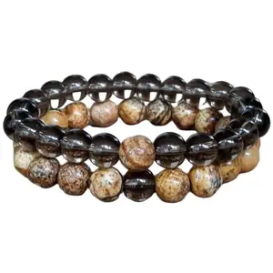 RRJEWELZ smoky quartz & picture jasper 10mm Round Smooth beads Long Distance Couples Love Friendship Combo Bracelet Set - Couples Relationship 7 inch Stretchable Bracelets set|RR_CPBR_281_7