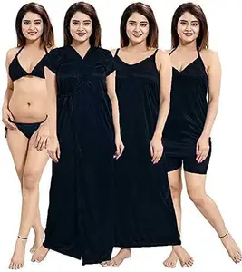 Women's Satin Nightwear Set of 6 Pcs Wrap Gown, Nighty, Top, Shorts, Bra and Panty (Black)